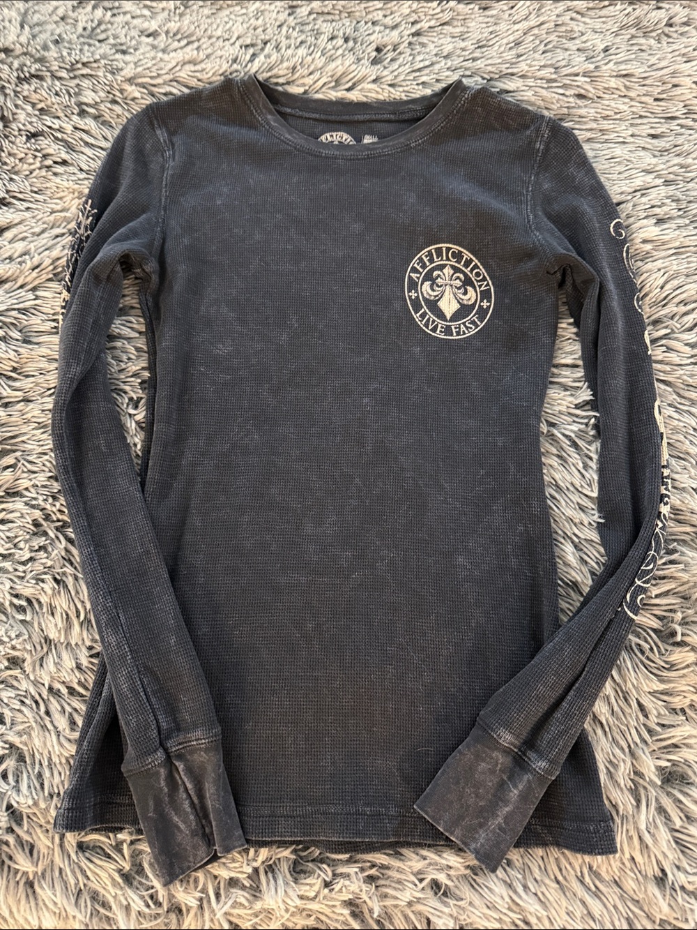 Women’s Affliction Black Waffle thermal Knit Long Sleeve Crew